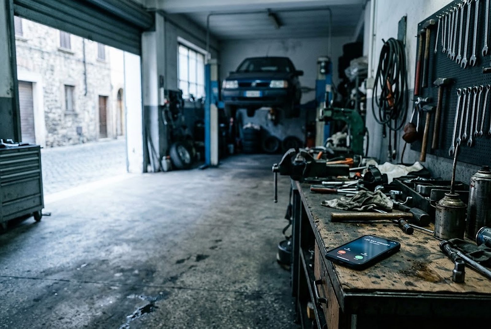 Officina italiana con il telefono che squilla sul banco senza che nessuno risponda