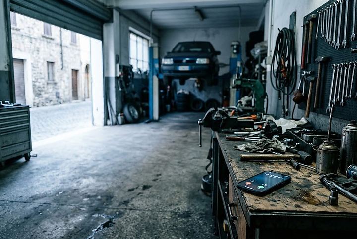 Officina con il telefono che squilla sul banco